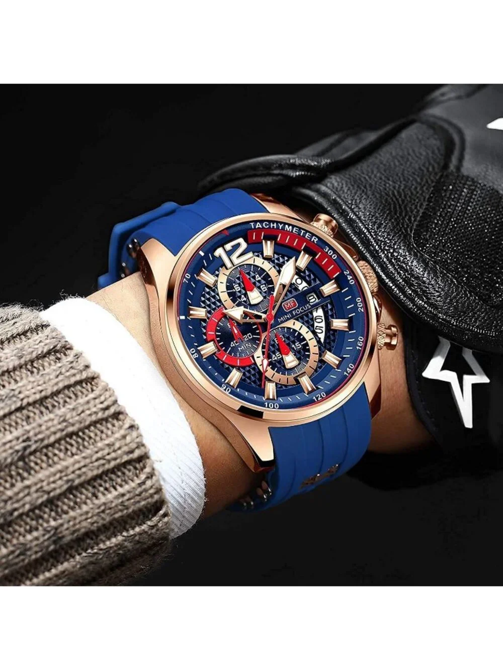 Men's Gold Blue Chronograph Waterproof Sport Military Analog Quartz Wrist Watch